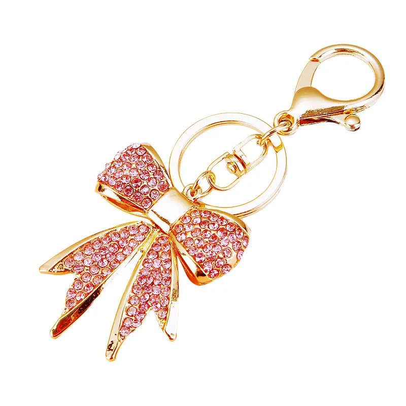 Cute Glitter  Rhinestone butterfly Key Chains Metal Enamel Bow Tie Pink Ribbon Women Bag Pendant Car Keychain