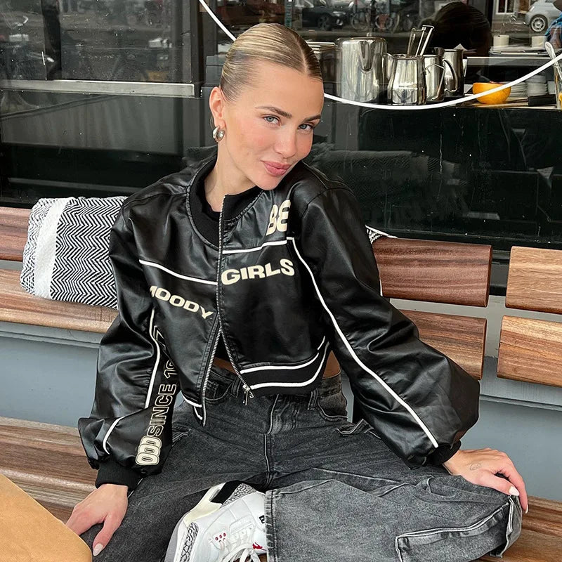 New Fall Design Womens Motorcycle Short Jacket Cropped Black Leather Biker Jacket