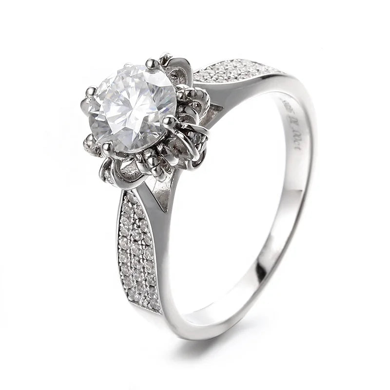 Romantic Women's Rhodium-Plated 925 Sterling Silver Crown Flower & Brilliant Moissanite Diamond Cluster Ring High Quality