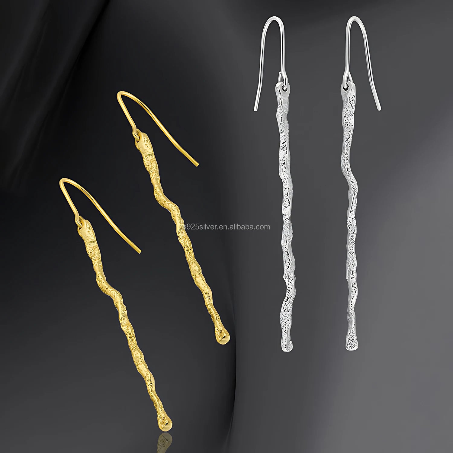 Textured 925 Sterling Silver Long Dangle Earrings Irregular Stick Design Fine Jewelry for Women Minimalist Daily Wear