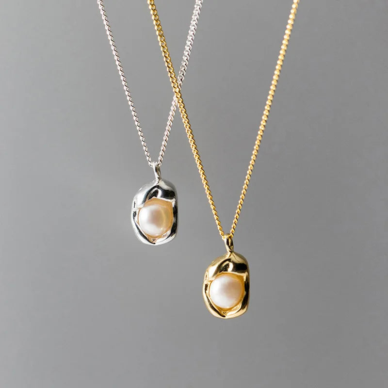 925 Sterling Silver Geometric Pendant with Natural Freshwater Pearl Gold Plated Necklaces Fashion Women Jewelry Necklace