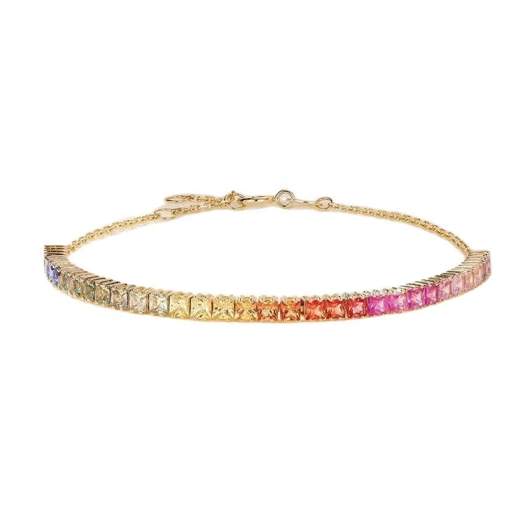 Ruyi Rainbow Customized Luxury Lab Grown Princess Cut Pure 18k Rose Gold Color Colorful Sapphire Bracelet Ring 18K for Women