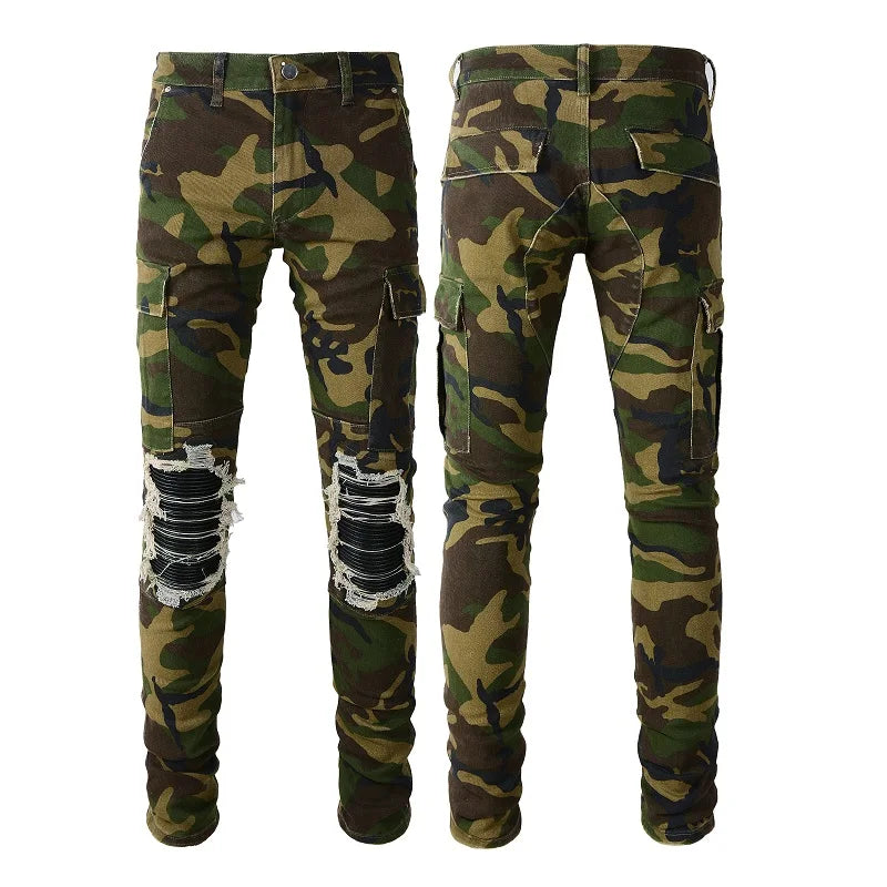Wholesale Hip Hop Winter Cargo Camouflage Patch Denim Trousers Damage Tapered Slim Fit Multiple Pockets Distressed Designer Men