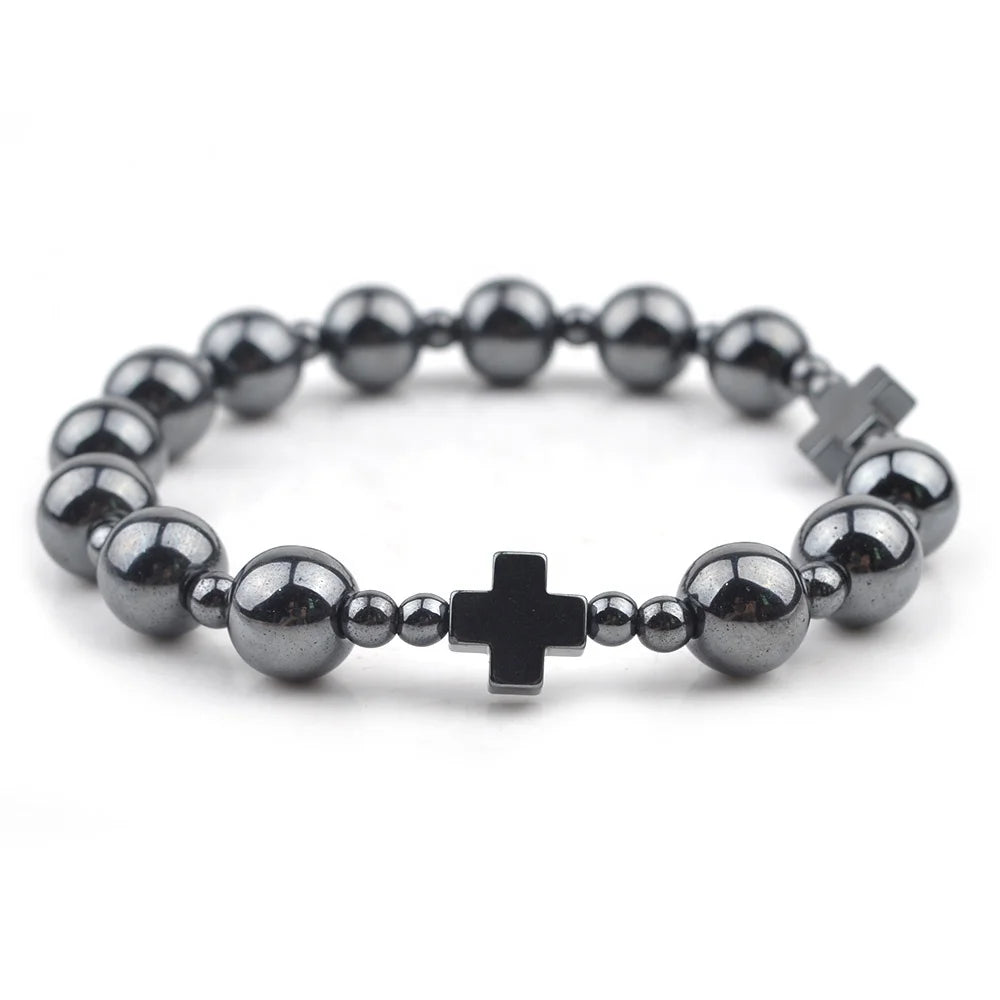 Religious Hematite Cross Beads Catholic Prayer Bracelet Cute Elastic Beaded Wristband for Gift or Anniversary