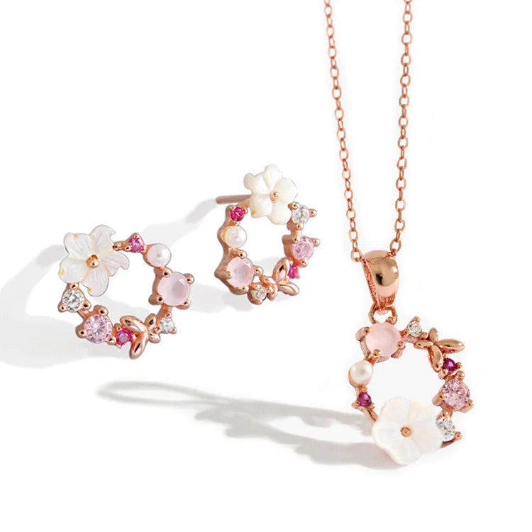 HED364 Chic Flowers Colorful  Romantic Girl Jewelry Set Cherry Silver Necklace 925 Sterling Silver Necklace