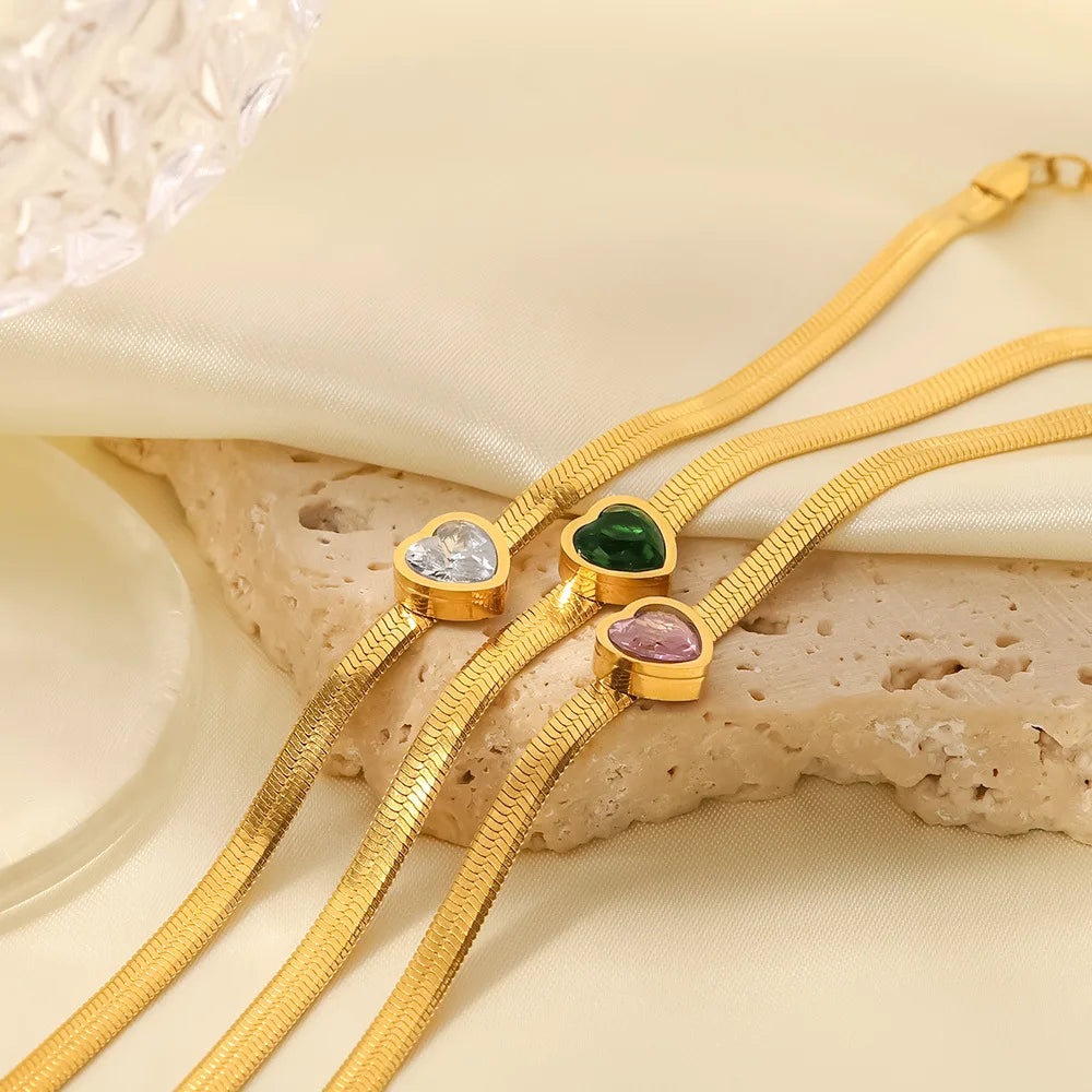 Fashion 18k Gold Plated Stainless Steel Diamond Bracelet Inlaid Green/white/pink Zircon Heart Snake Chain Bangles for Women