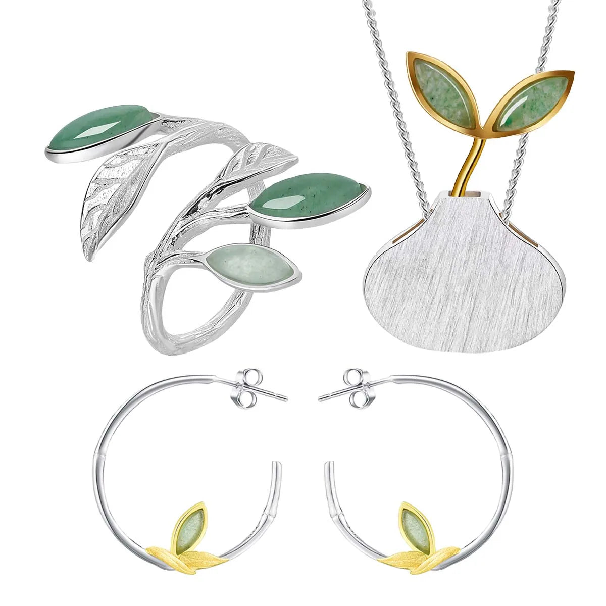 Lotus Fun  Natural Gemstone  Leaf Shape  Rings Pendant Jewelry Sets  Pure 925 Sterling Silver Chain Charms Necklace  for Women