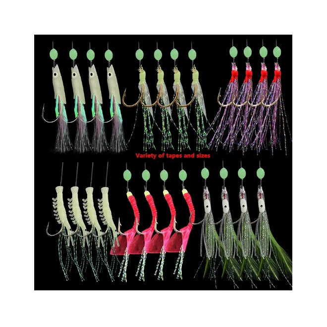 ZHUO RUN Saltwater Flasher Fish Skin Feather Sabiki Bait Rigs Fishing Lures with 6 or 8 Hook Fish Shrimp Squid Sabiki Rigs