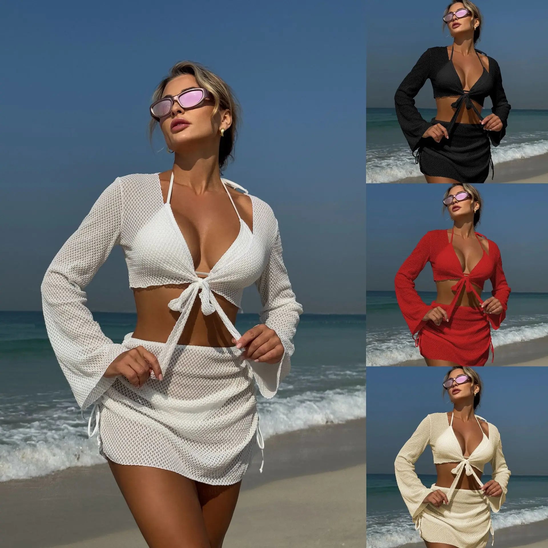 2026 Summer New Sexy Low Waist Bikini Set Cover up Swimsuit for Women Push up Long Sleeve Four Pieces Swimwear Beach Suit