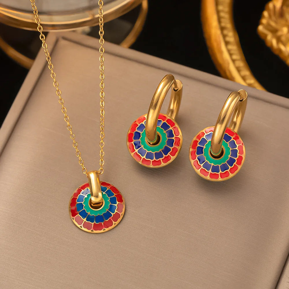 Wholesale 2023 New Arrival Trendy 18k Gold Plated Enamel Stainless Steel Necklace Earrings Jewelry Set for Women