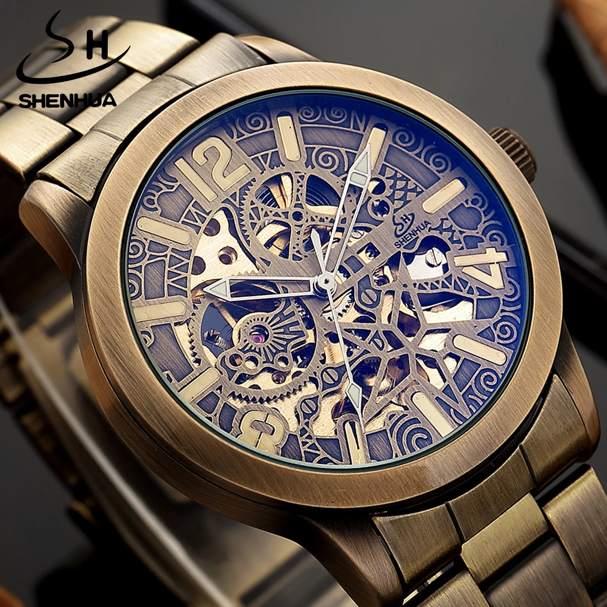 SHENHUA Automatic Stainless Steel Bracelet Clasp Water Resistant Bronze Transparent Vintage Sport Mechanical Wristwatch Male