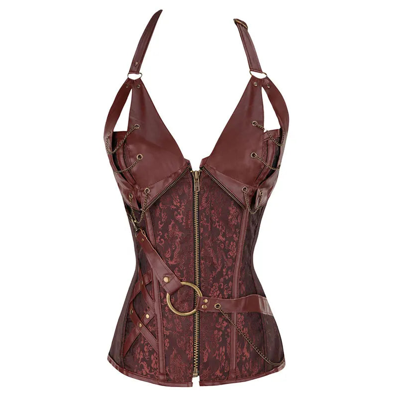 Fashional Gothinc Corset Plus Size Leather Coffe Boned Halter Sexy Lingerie Bustier Waist Trainer Corset