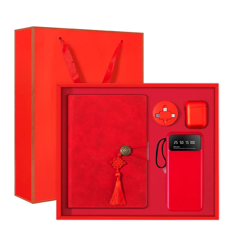 Custom Business Gift Set 4-in-1 A5 Notebook with Logo USB Cable Earbuds Power Bank-Stock