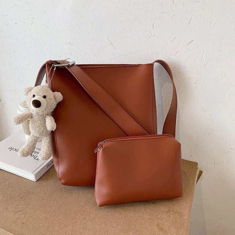 Fashion Retro Women Shoulder Composite Bags Simple Student Ladies Bucket Tote Handbags Korean Style Casual Female Crossbody Bag