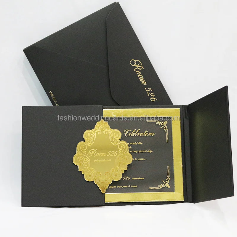 Hot Selling Luxurious Black Paper Hardcover Wedding Invitation Cards Custom Clear Acrylic Hot Stamping Gold Foil Music Theme
