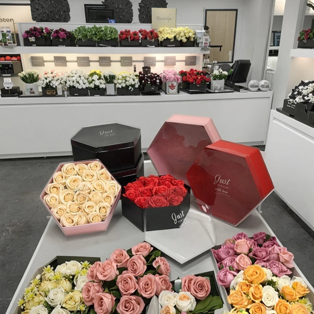 In Stock High Quality PVC Lid Transparent Box 3 Piece Set Hexagonal Rose Flower Gift Box Matt Lamination for Valentine's Day