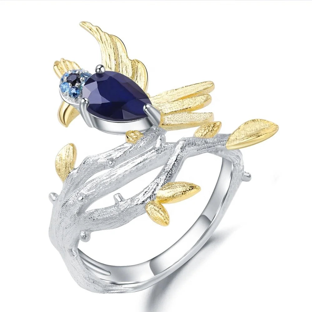 Wholesale Custom Designer S925 Jewelry Natural Gemstone Diffusion Sapphire 925 Sterling Silver Bird Tree Branch Ring