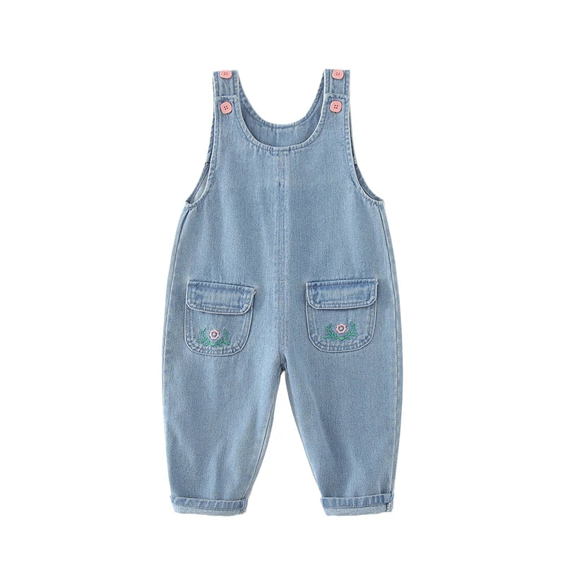 2025 New Cute Girls' Flower One-Piece Denim Casual Pants Children's Ins Inspired Suspender Clothing