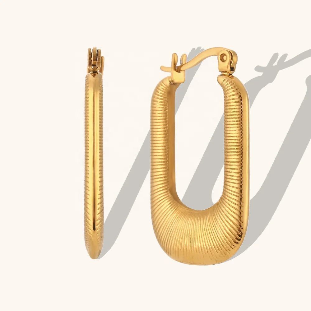 Dingran 2023 New Style Engraved Textured U Shaped Euro-American 18k PVD Gold Plated Stainless Steel Earrings