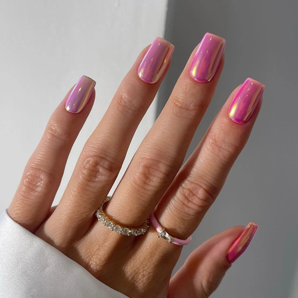 Custom Pink Chrome Design Press on Fake Nails Short Square Luxury Artificial Nails Wholesale Soft Gel Press on Finger Nails Set
