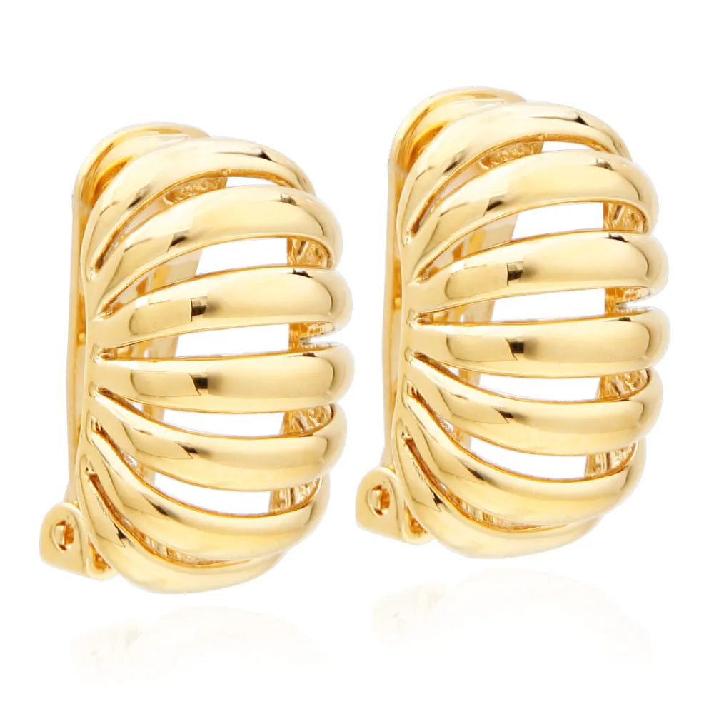 Hollow stripe round stud earrings statement earrings gold plated ear cuffs for non pierced ears jewelry boucle oreille femme