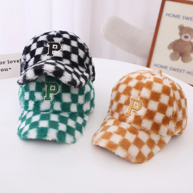 Wholesale Stock American Checkerboard INS Style FAUX Fur Rex Rabbit Velvet Polyester Children`s Baseball Caps