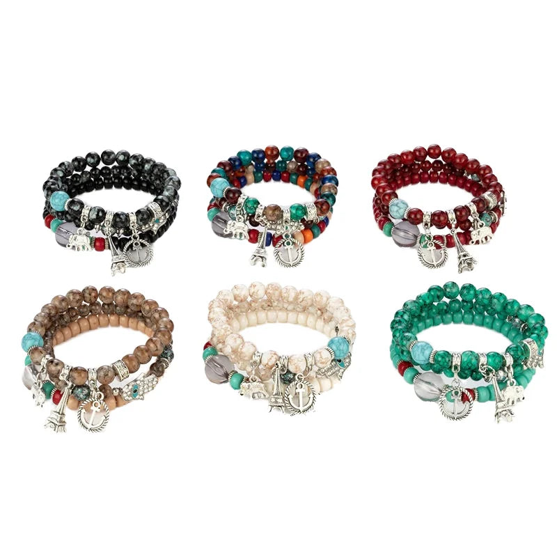Bohemian Style Glass Bead Stone Bracelet Hand String Tower Multi-Layer Combination Number Pattern Boho Bangles Chains Jewelry