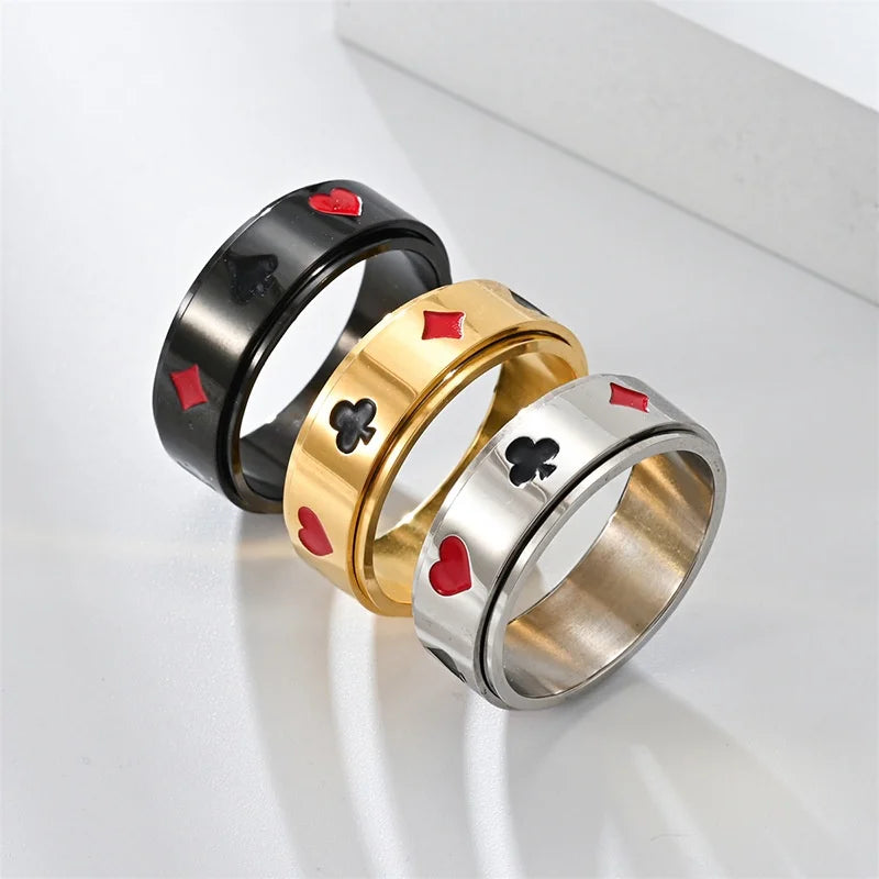 Personalized Stainless Steel Hip-hop Playing Card Ring Watch Creative and Fashionable Rotating Jewelry Popular Hip-hop Style