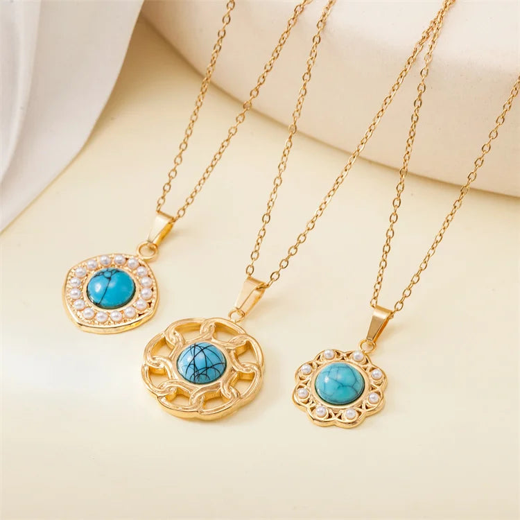 Wholesale No Fade Titanium Steel Fashion 18k Gold Plated Square Turquoise Flower Pearl Pendant Necklace