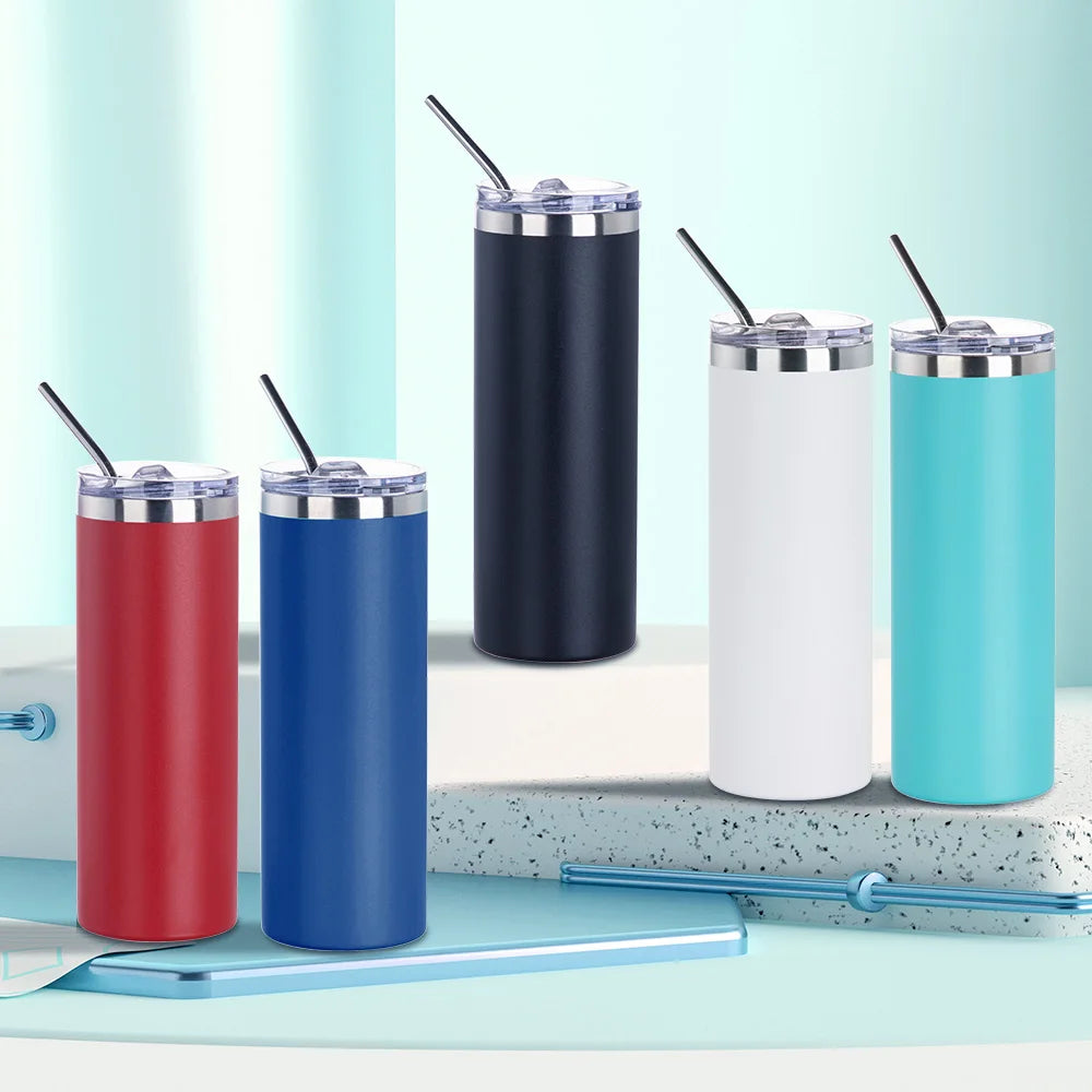 Wholesale Promotional Gifts Double Wall Powder Coated 16oz Metal Skinny Stainless Steel Tumbler With Lid