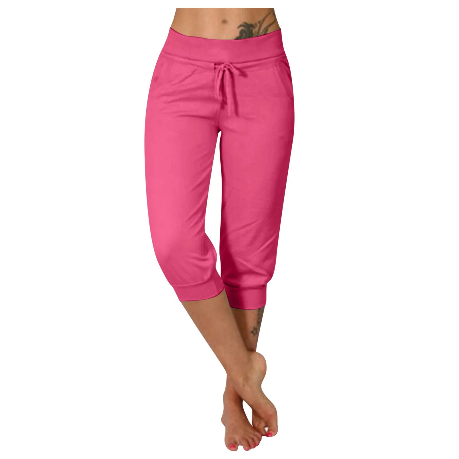 S-3XL Fashion Capris Solid Color Sports Yoga Drawstring Casual Pants Women's Sports Capris