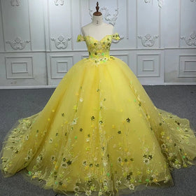 Jancember 1151 Yellow Floral Sequins Off Shoulder Lace Evening Party Quinceanera Dresses