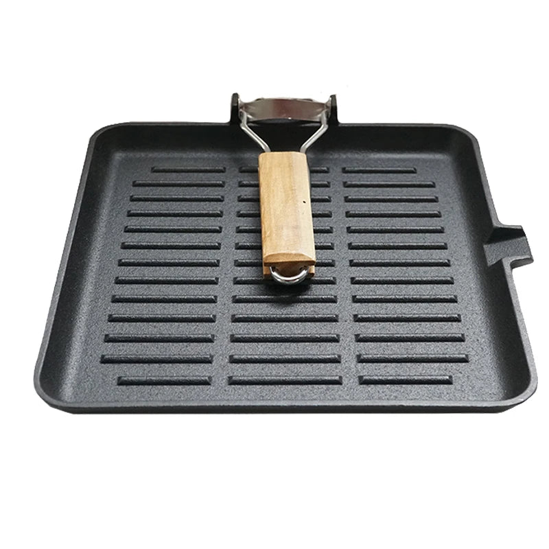 ChuiHua Factory Square Shaped Pre-Seasoned Non-Stick Cast Iron BBQ Grill Pan With Foldable Wooden Handle