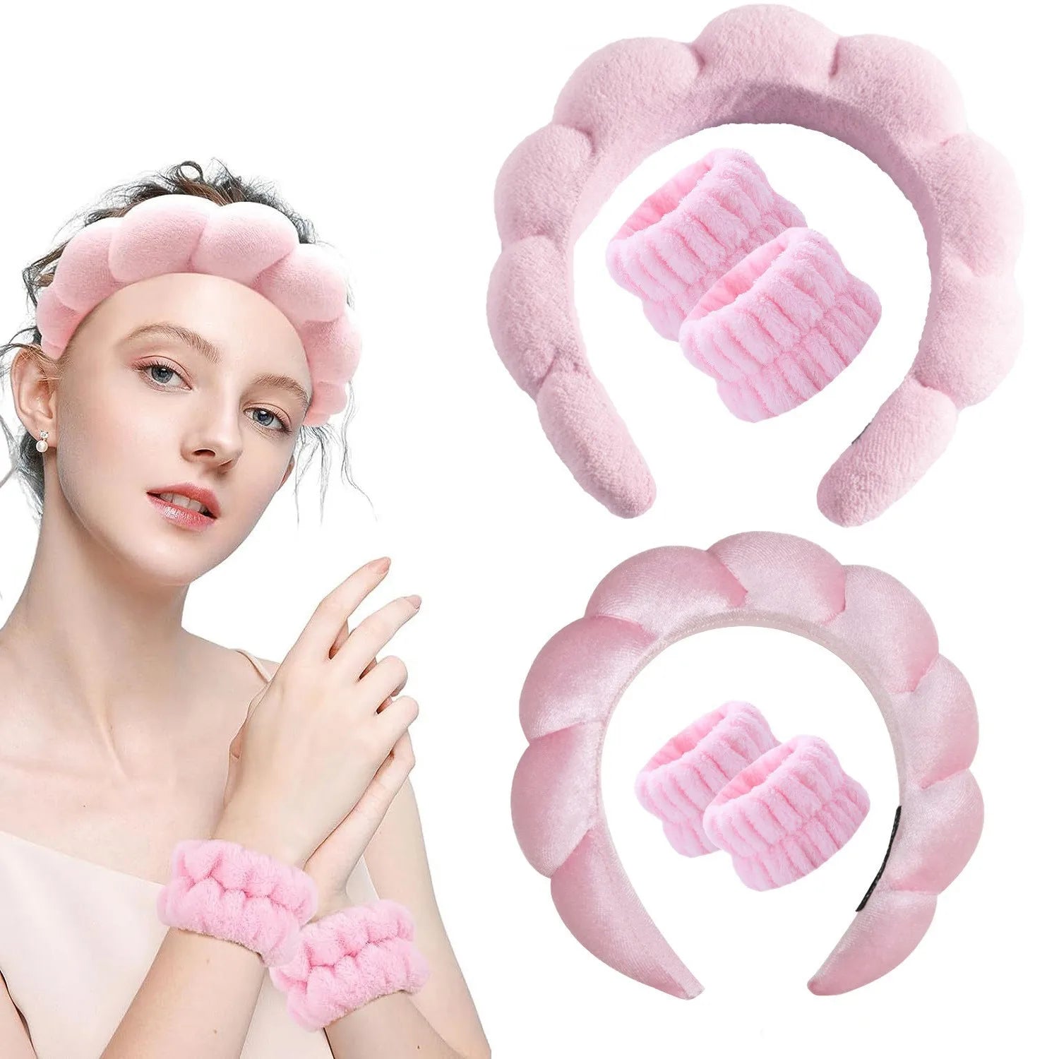 SongMay Sweet Style Solid Color Spa Set for Women Girls Hairband & Wrist Towels Makeup Sponge for Face & Wrist Washing