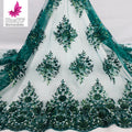 HY2495 African Heavy 3D Applique Beaded Floral Design Evening Gown Lace Fabric Emerald Green Wholesale Net Lace With Sequin 2024