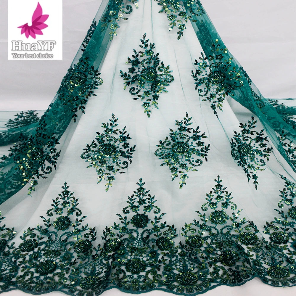 HY2495 African Heavy 3D Applique Beaded Floral Design Evening Gown Lace Fabric Emerald Green Wholesale Net Lace With Sequin 2024