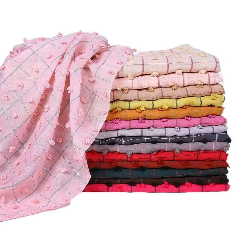 Plain Turkish Style Pom Cotton Hijab Scarf Muslim Shawl Solid Color Plaid Scarf Headscarf Wrap Turban Shawls Scarf for Women