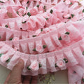 Pink Rose Flower Frill Ruffle Lace Trim Chiffon Pleated Ribbon DIY Craft