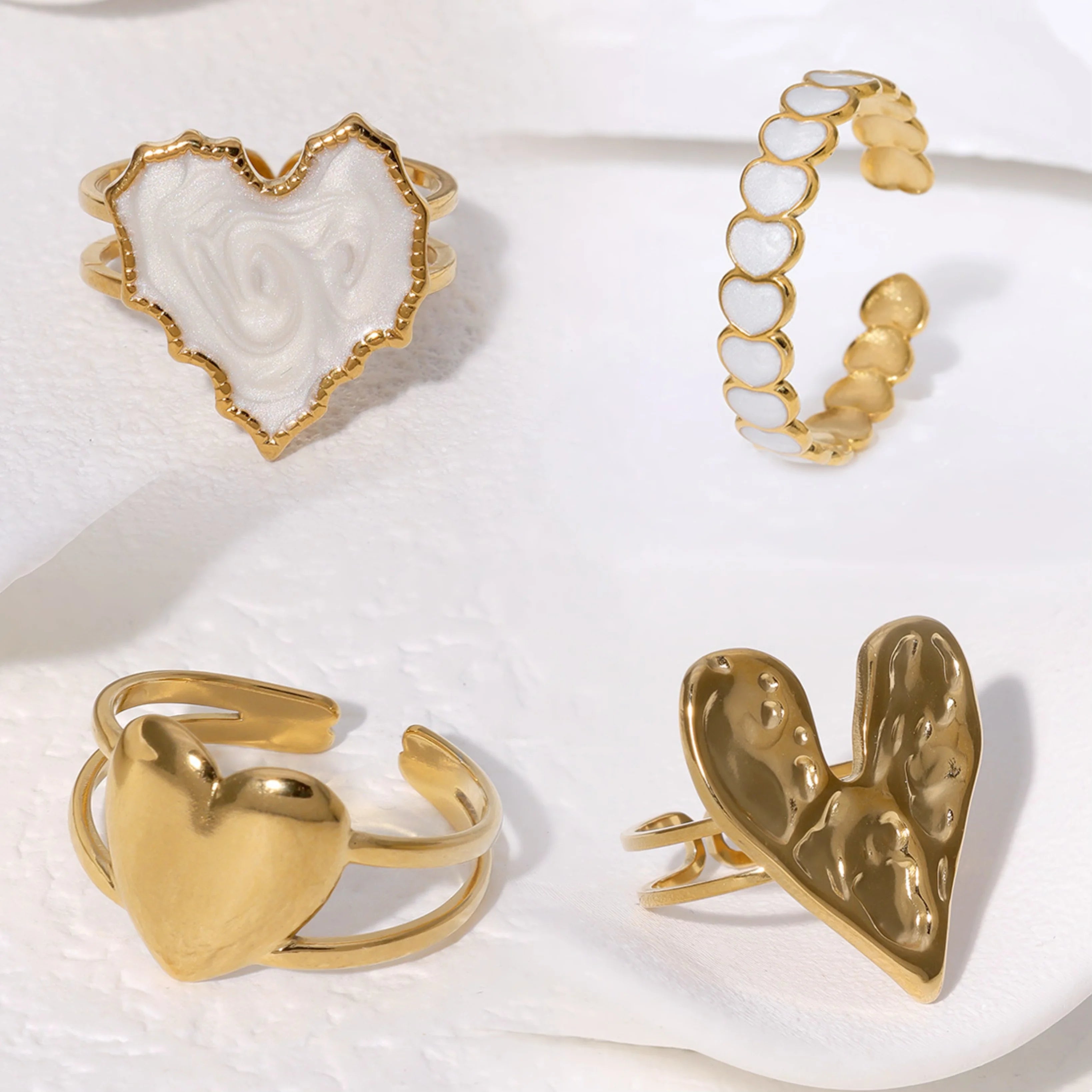 Trendy Women Stainless Steel Resizable Finger Rings 18K Enamel Pearl White Black Heart Jewelry Engagement Wedding Parties Gift