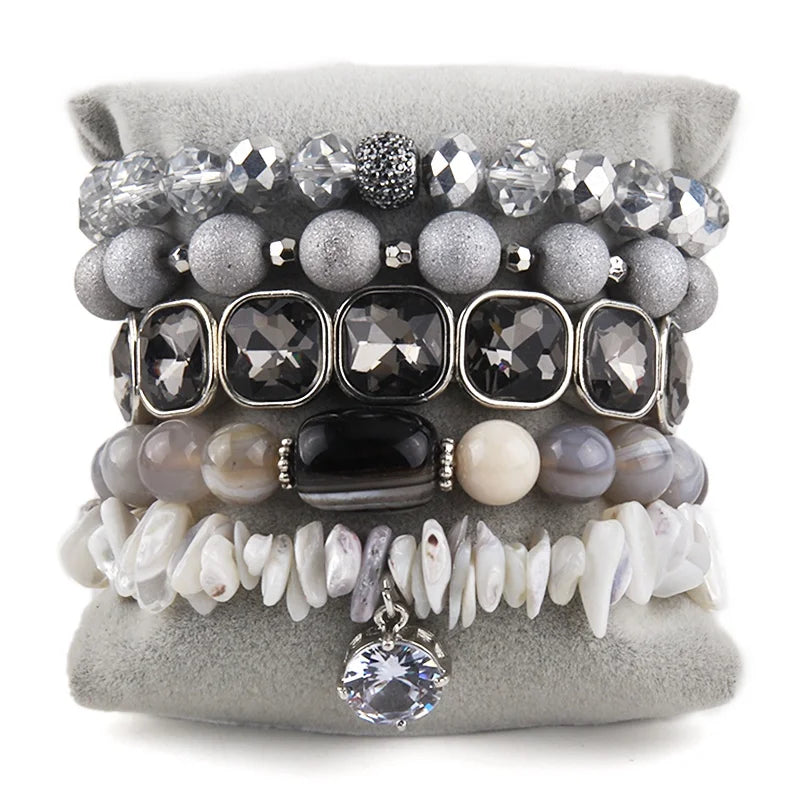 Fashion Designer Natural Stone 5pcs Crystal Glass Natural Stone Chip Stone Beaded Bracelet Star Charm Stack Bracelet Sets