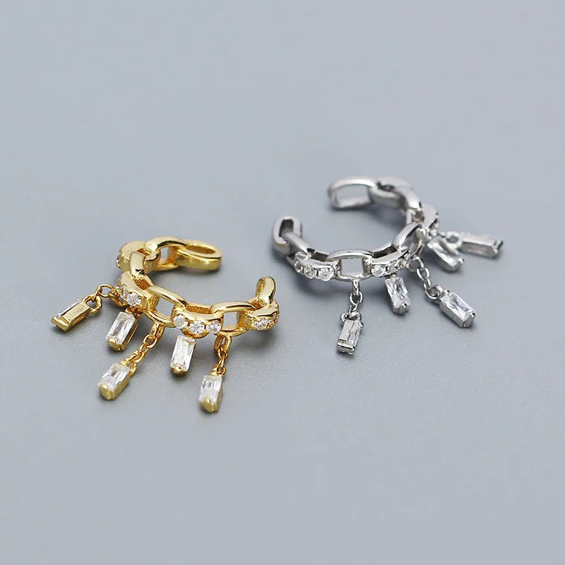 925 Sterling Silver No Piercing Jewelry Rectangle Diamond Tassel Cuff Earrings for Women Girls