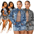 F88539 Latest Design Street Denim Skirt Set Embroidery Long Sleeve Jacket and Short Jeans Skirt Set Two Piece Outfits for Women