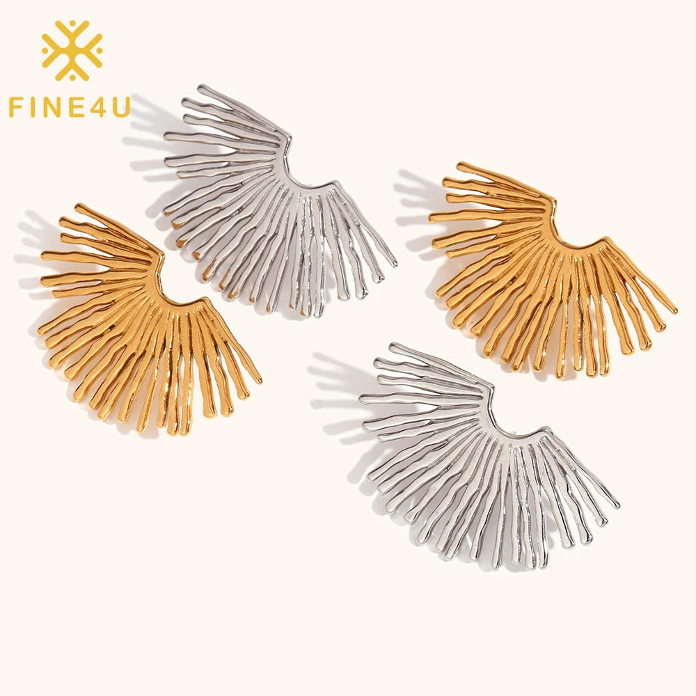 2024 Trending Oversized Fashion Jewelry Gold Plated Exaggerated Rays Scalloped Stainless Steel Stud Earrings