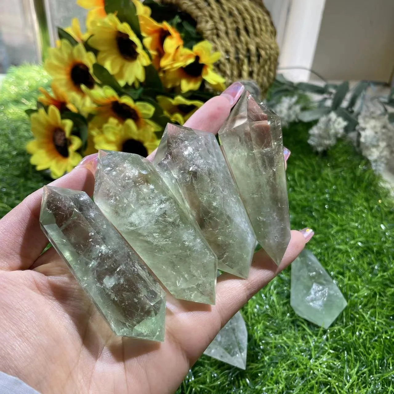 Green Quartz Crystal Point Tower DT Prasiolite Green Amethyst for Healing