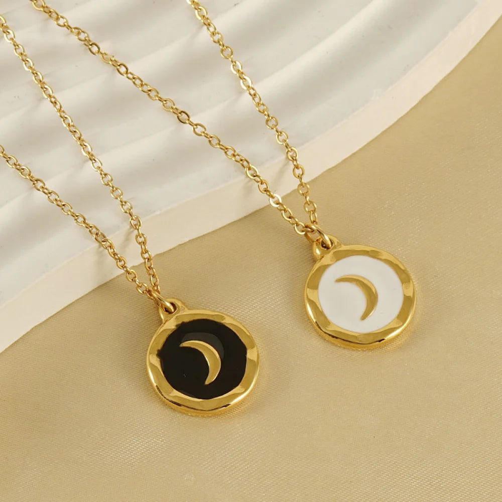 Fashion Vintage Women Enamel Oil Dripping Jewelry Stainless Steel 18K Gold Plated Moon Pendant Necklace