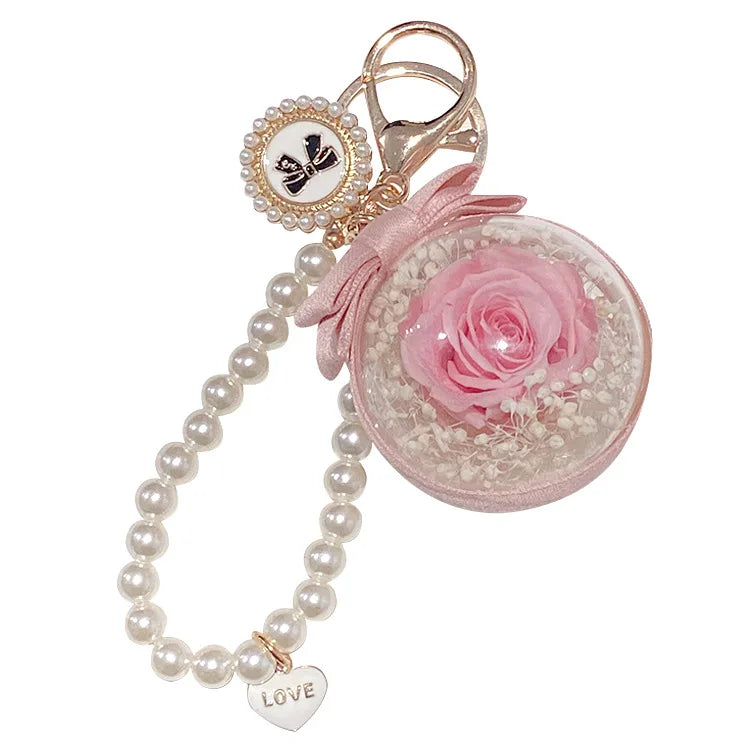 Custom Design Pearl Preserved Rose Flower Keychain for Girl's Bag Car Key Chain Gift