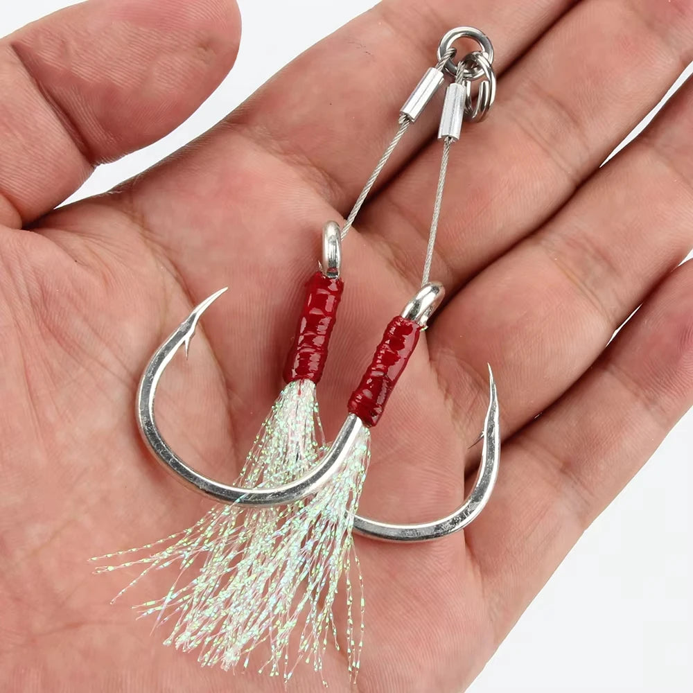 Spinpoler 2 Pairs/lot 1/0 2/0 3/0 5/0 7/0 Fishing Hook Double Jighook Jigging Hook With Feather Jig Hooks Assist Rig Fish Tackle