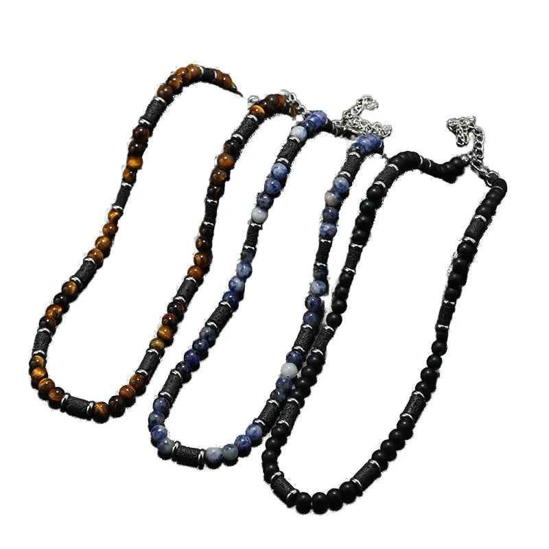 Wholesale Vintage Gold Plated Black Agate Square Lava Stone Beaded Necklace Lucky Charm for Women and Men