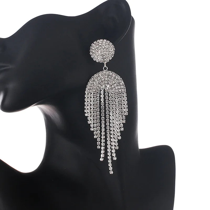 BOXUAN European Style Silver Stud Earrings New Long Fringed Glass Claw Chain with Full Rhinestone Fashion Chandelier Style