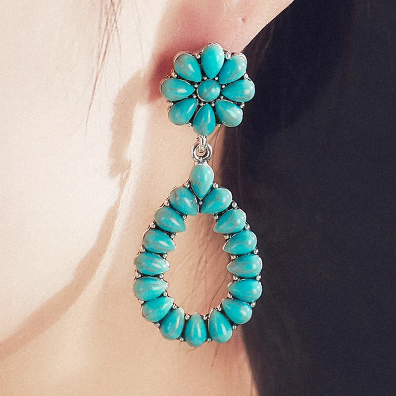 2025 New Arrival Fashion Jewelry Vintage Retro Earrings Hollow Turquoise Flower Water Drop Silver Turquoise Stone Earrings